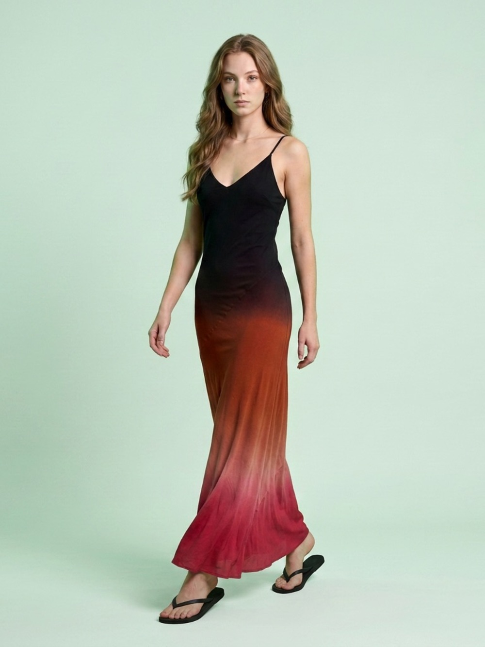 Black to Red Ombre Cotton Slip Maxi Dress